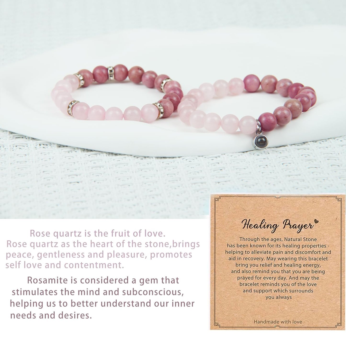 GDLKPYHS Picture Bracelet Personalized Photo - Healing Bracelets for Women - Rose Quartz Bracelet - Healing Prayers Crystal- Mothers Day Gifts Birthday Gifts For Women Bracelets With Photos