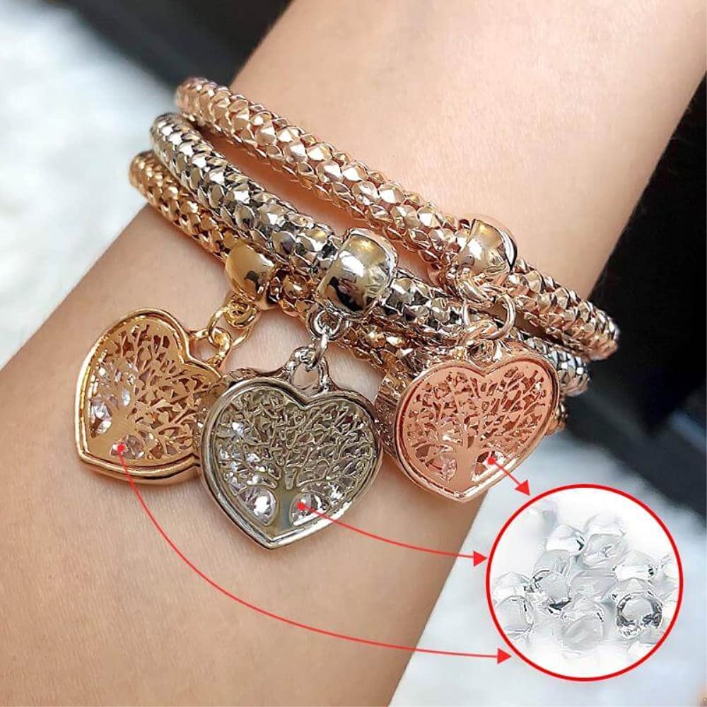 SILANER Crystal Charms Multilayer Bracelets - 3PCS Gold/Silver/Rose Gold Corn Chain Bracelet for Women, Tree of Life Heart Shaped Stretch Bracelet(TREE OF LIFE HEART EDITION CHARM)