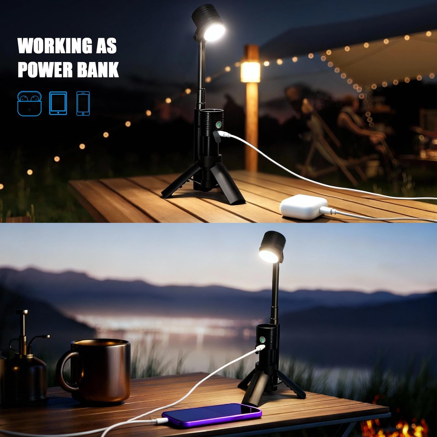 Telescopic Camping Light, Portable Rechargeable Camping Lantern, Outdoor Adventure Emergency Flashlight, Waterproof LED Camp Lamp with Magnetic (Black)