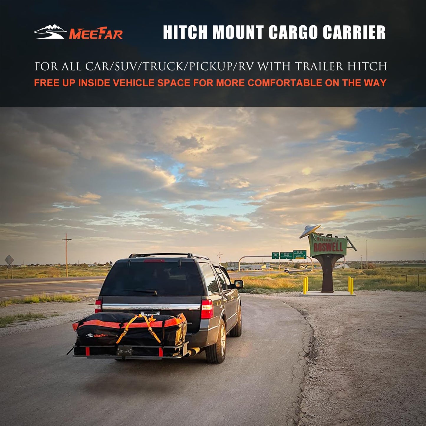 MeeFar Folding Hitch Mount Cargo Carrier Basket 60" X 20" X 6"+Waterproof Cargo Bag 16 Cubic Feet(58" 19" 24"),Hauling Weight Capacity of 500 Lbs and A Folding Arm.with Hitch Stabilizer,Net and Straps