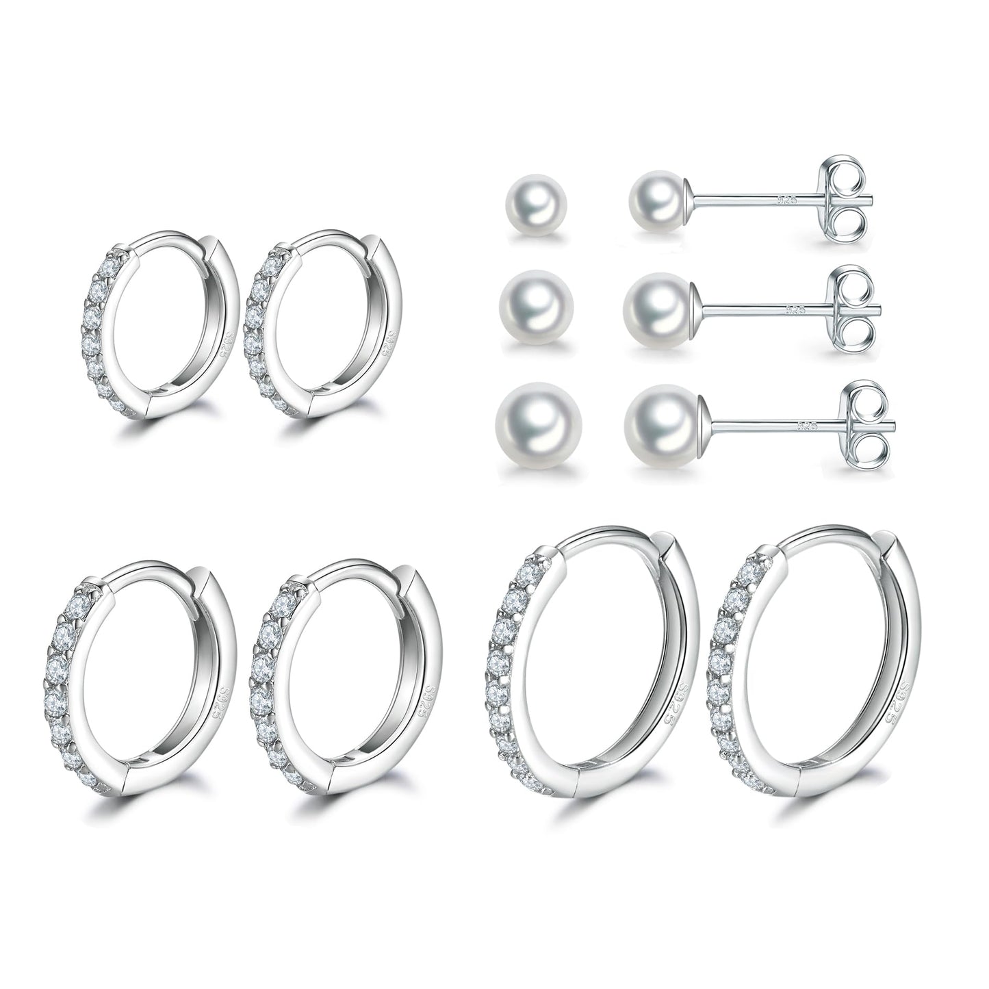 Sterling Silver Hoop Earrings Sterling Silver Stud Earrings for Women 6 Pairs Hypoallergenic Tiny Pearl Jewelry Set Cartilage Hoops