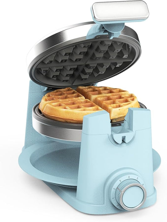 Martha Stewart Rotating Waffle Maker, 180° Flip Iron with PFAS-Free Nonstick Plates, Adjustable Timer, Ready Light, Drip Tray, Space Saving, Classic Round 7”, Easy to Clean, Stainless Steel, Sky Blue