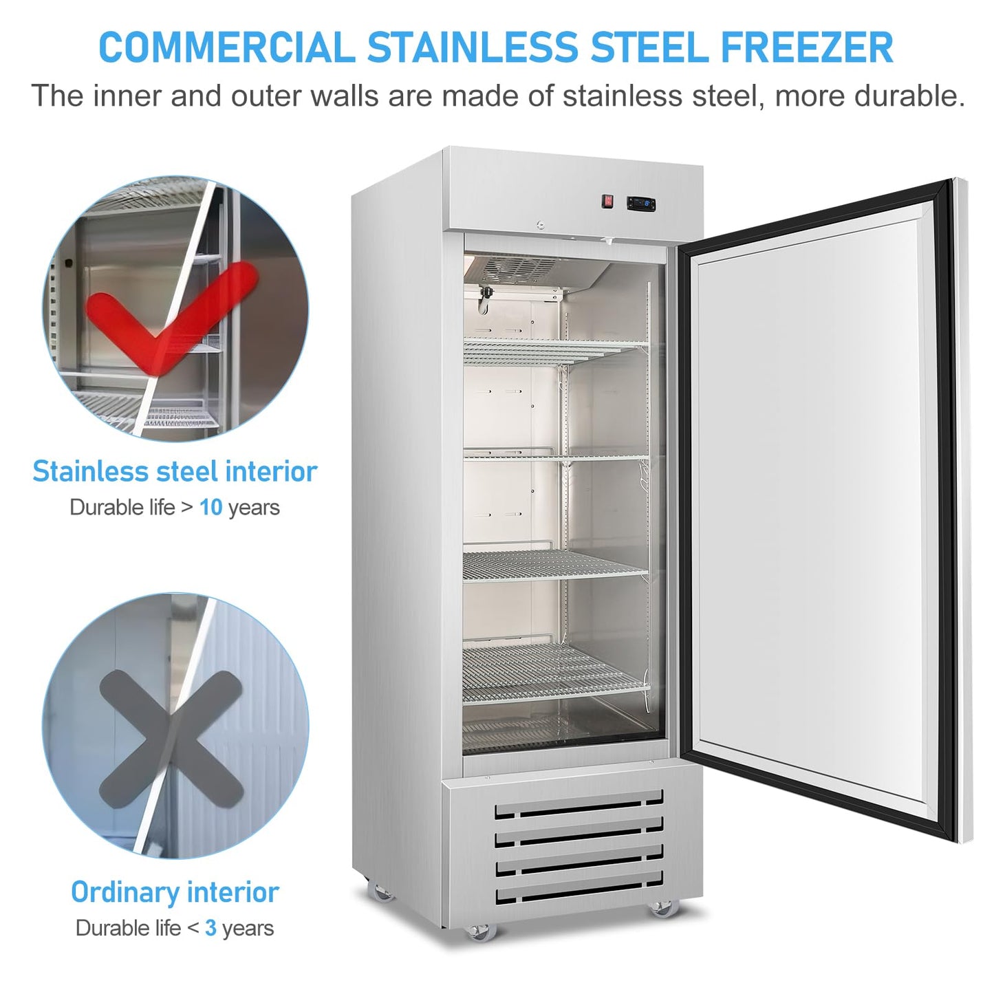 Commercial Freezer, 27"W Upright Freezer Stainless Steel, 20 Cu Ft Commercial Standup Freezer with 4 Adjustable Shelves, Self-Closing Reach-in Cooling Single Solid Door Freezer for Kitchen, Restaurant