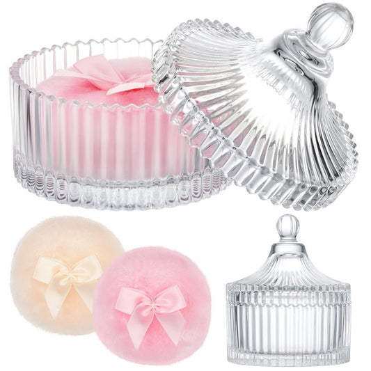Tioncy 3 Pcs Large Body Powder Puff and Container Valentine's Day gift Powder Container with Puff Crystal Case Soft Washable Reusable Velour Face Body Glitter Wet Dry Makeup (Classic,Clear)