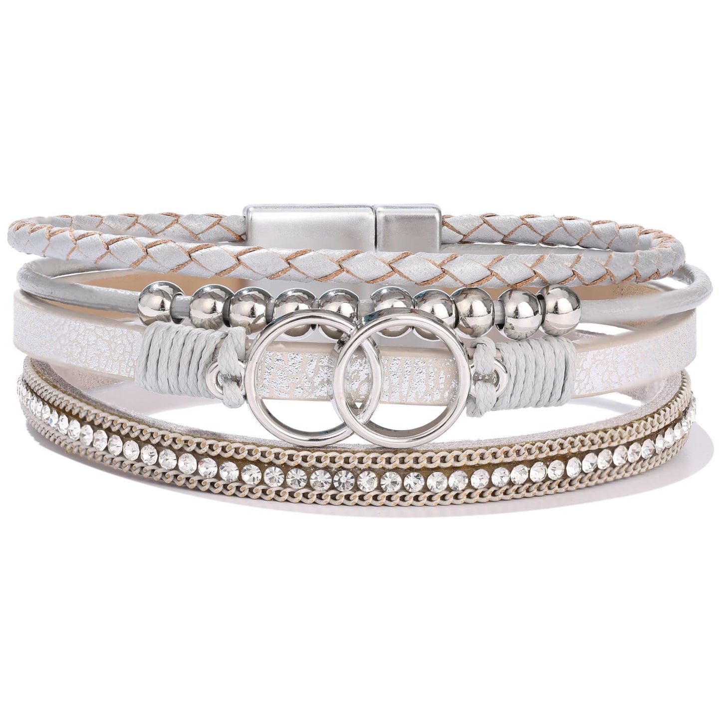 Becklynn Boho Leather Wrap Bracelets Beaded Crystal Stackable Cuff Bracelet with Magnetic Clasp Cowboy Cowgirl County Concert Outfits Western Jewelry Gifts for Women(Infinity Silver)