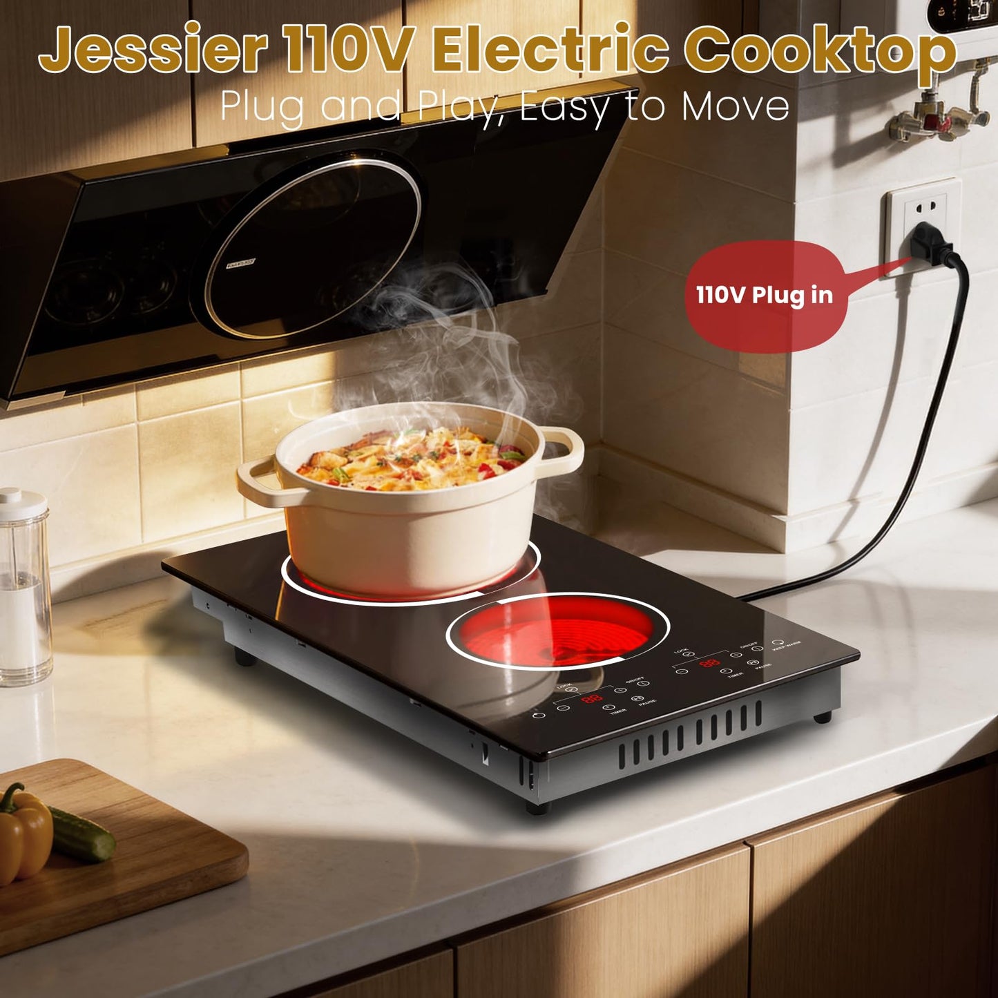 Jessier 2 Burner Electric Cooktop - 12 Inch Countertop & Built-in Electric Stove Top, 120V Plug in Electrical Cook Top, Timer, Safety Lock, Over-Temperature Protection, Sensor Touch Control