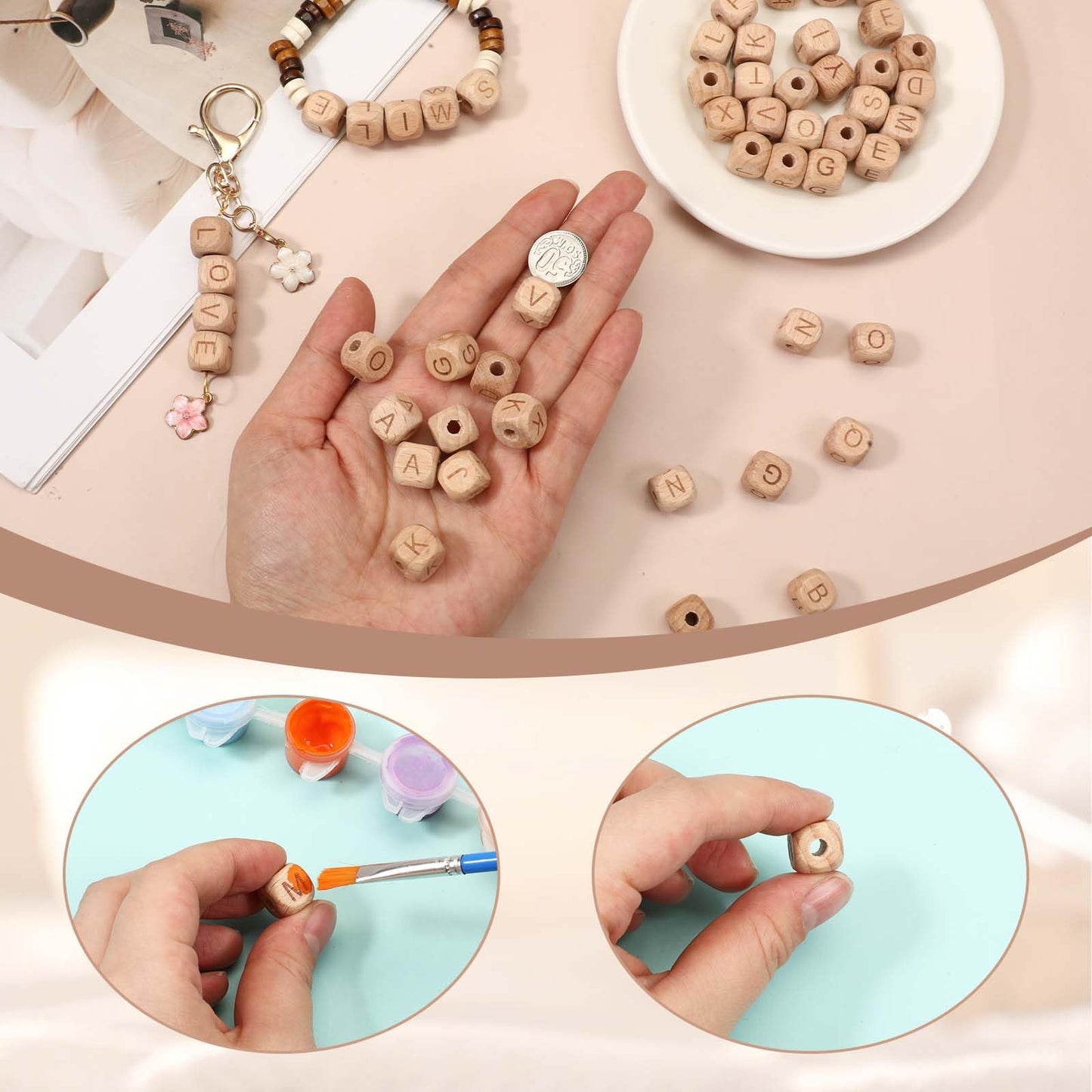 260pcs Wood Letter Beads for Bracelets 12mm Natural Square Wooden Beads A-Z Sorted Wooden Loose Letter Bead Cube Bead Bulk for Jewelry Bracelet Making