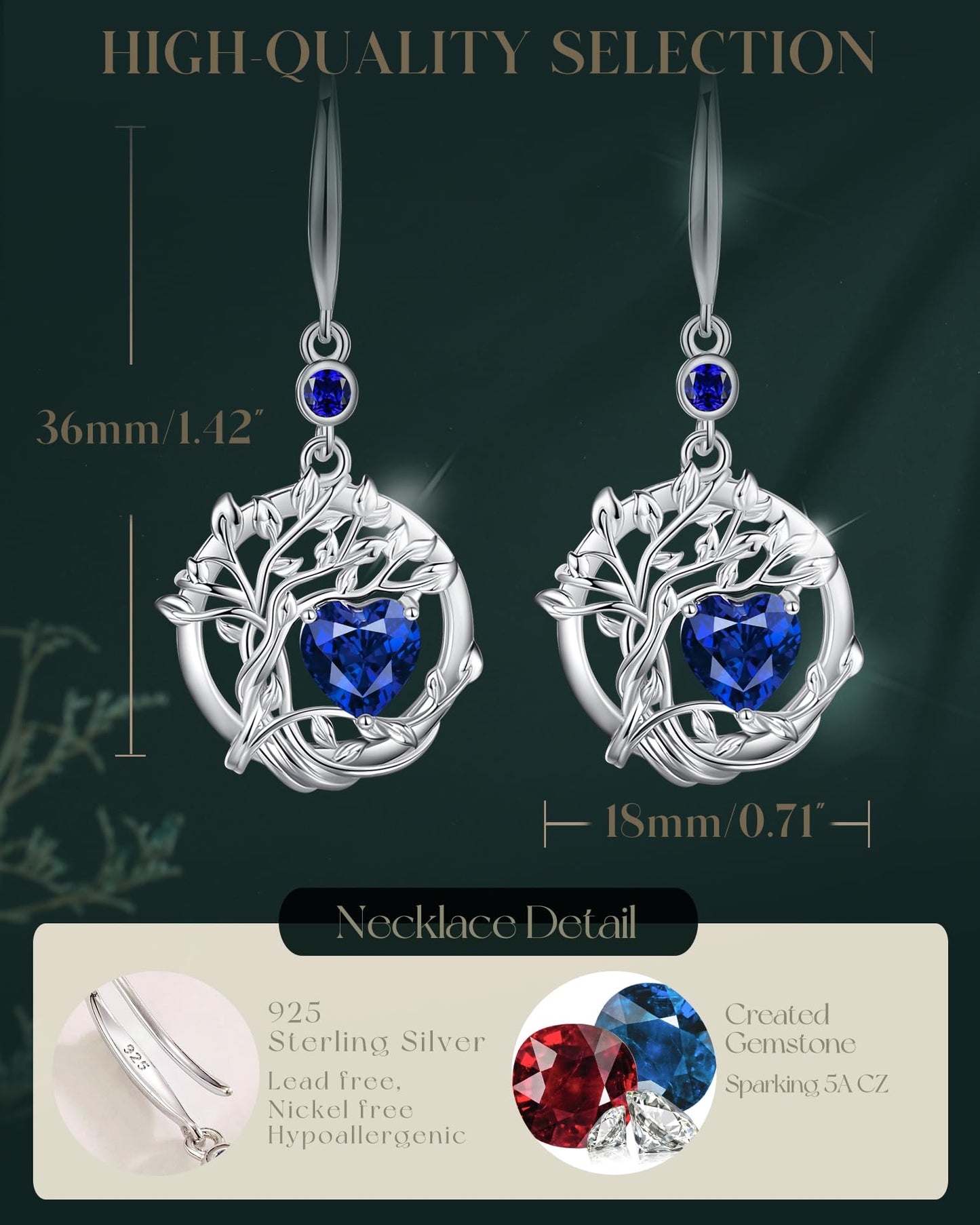 FANCIME Tree of Life Earrings 925 Sterling Silver Dainty Blue Sapphire Dangle Drop Gemstone Earring September Birthstone Fine Jewelry Birthday Mothers Day Gifts for Women Her