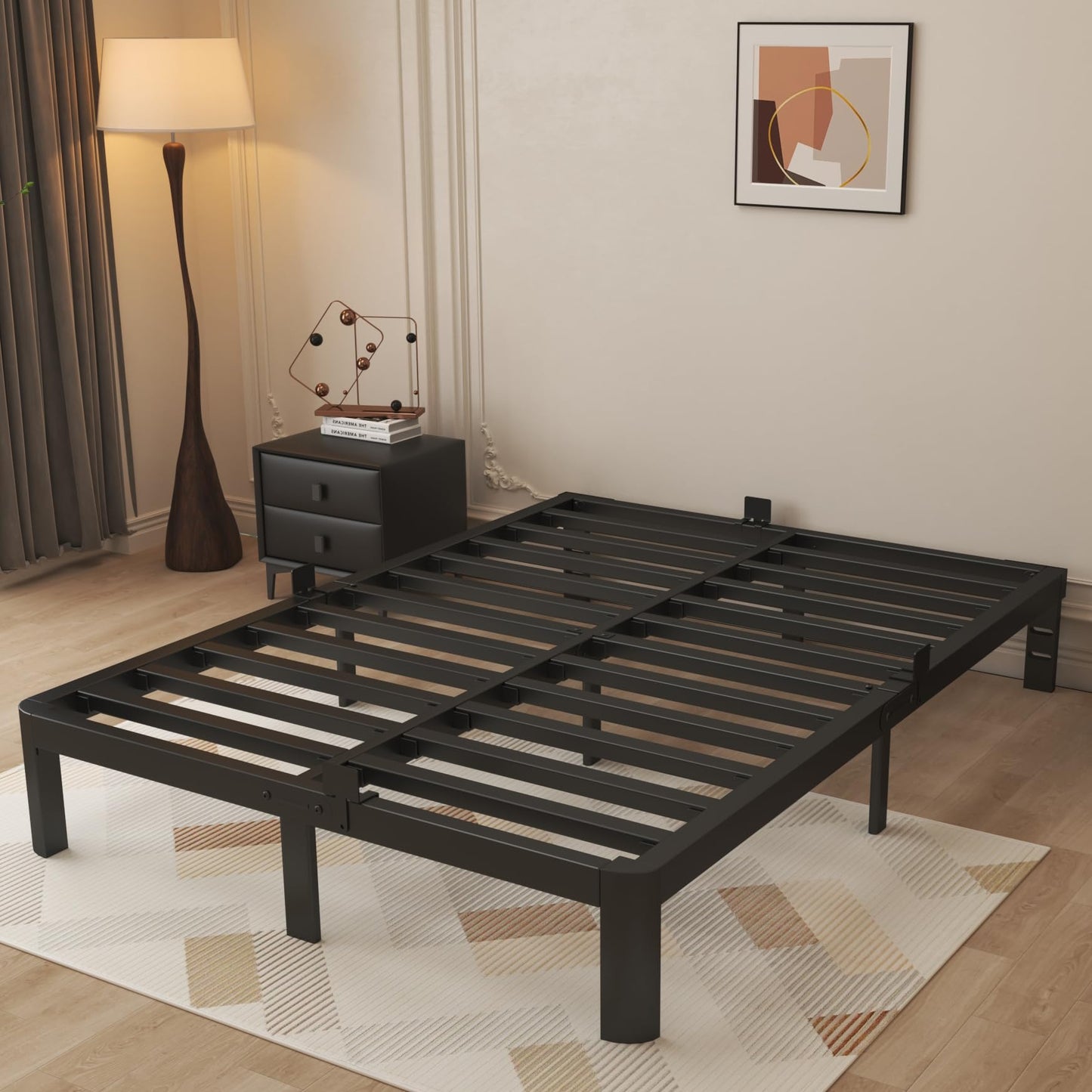 KOSOSO 10 Inch Queen Bed Frame, Black Bed Frame Queen Size with Metal Baffles, No Box Spring Needed, Heavy Duty Steel Platform Support, Rounded Corner Design, Reserved Holes, Storage Space, Noise Free