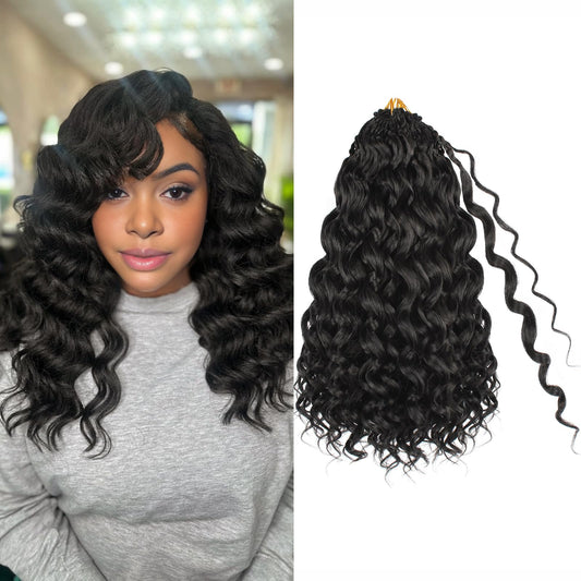 Toniola Pre Looped Ocean Wave Crochet Hair 14 Inch 8 Packs Black Boho Ocean Deep Water Wave Beach Curl Braiding Hair Pre Twisted Synthetic Short Wavy Curly Crochet Hair for Women(14inch 1B)