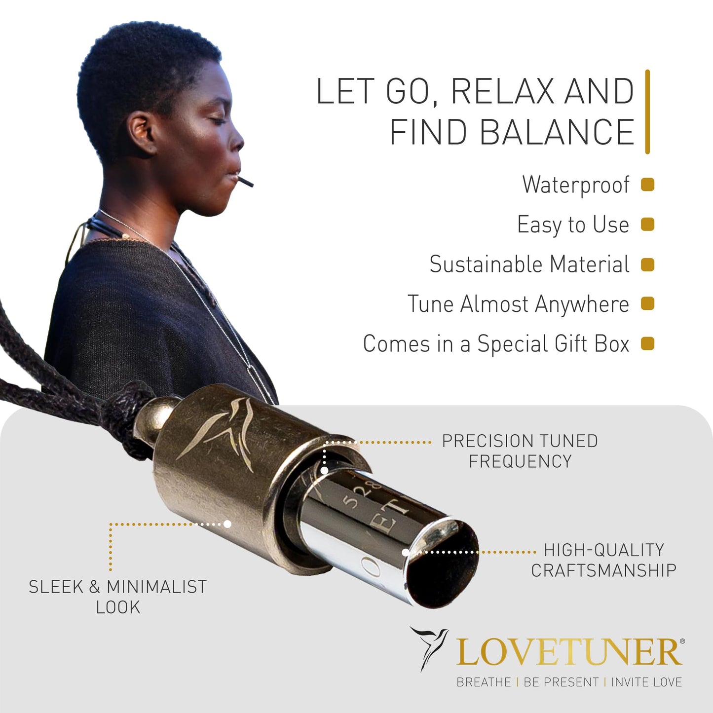 LOVETUNER Breathing & Meditation Tuning Necklace 528 Hz Whistle | 528 Hz Solfeggio Frequency | Breathwork Necklace Mindfulness Device for Anxiety & Stress Relief through Sound Healing, Metal, No
