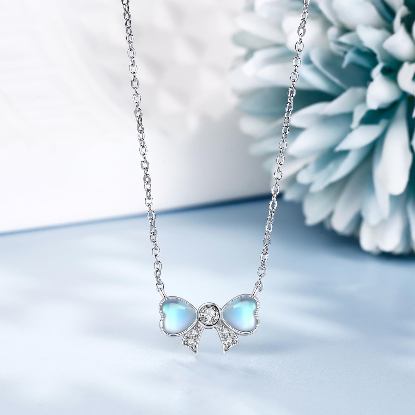 YAFEINI Bow Necklace 925 Sterling Silver Moonstone Bowknot Pendant Ribbon Mother's Day Jewelry for Women Mom