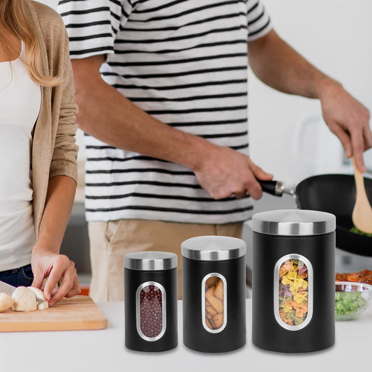 AEUNKIUO Black Kitchen Counter Canister set 3 pieces, 0.9/1.6/2.9 Quarts Stainless Steel Flour Sugar Tea Coffee Biscult Storage Containers with with Long Wood Spoon&Visible