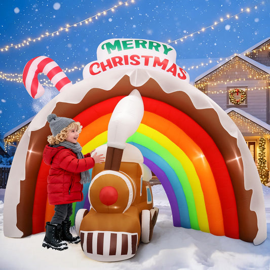 9FT Christmas Inflatables Rainbow Arch with Gingerbread Train, Large Blow Up Christmas Yard Decoration with Flashing LED Lights, Colorful Outdoor Inflatable Archway for Holiday Garden, Lawn & Patio