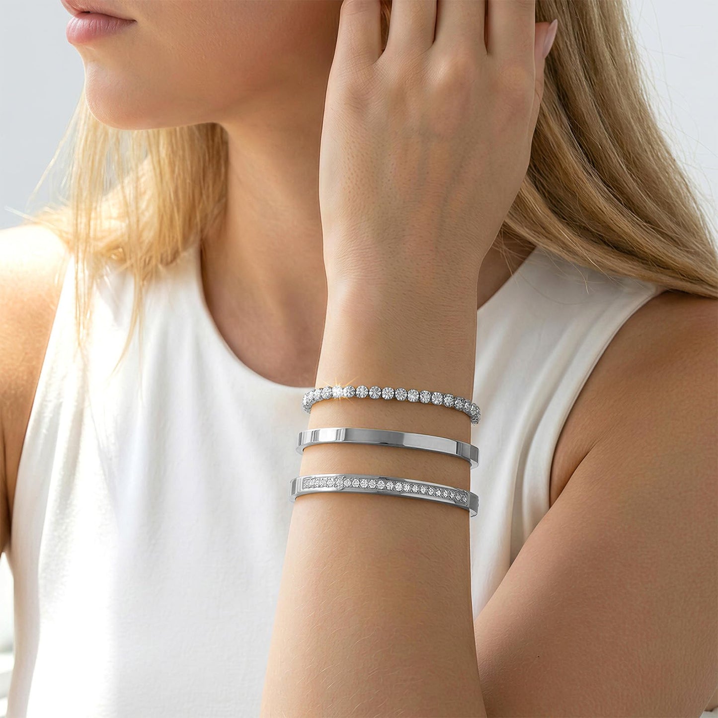 Camhanno Stackable Silver Bracelets for Women Stainless Steel Love & Friendship Bangle, Mothers Day Valentines Birthday Christmas Jewelry Gifts for Mom Her Wife Grandma (Silver Bracelet Stack 3pcs)
