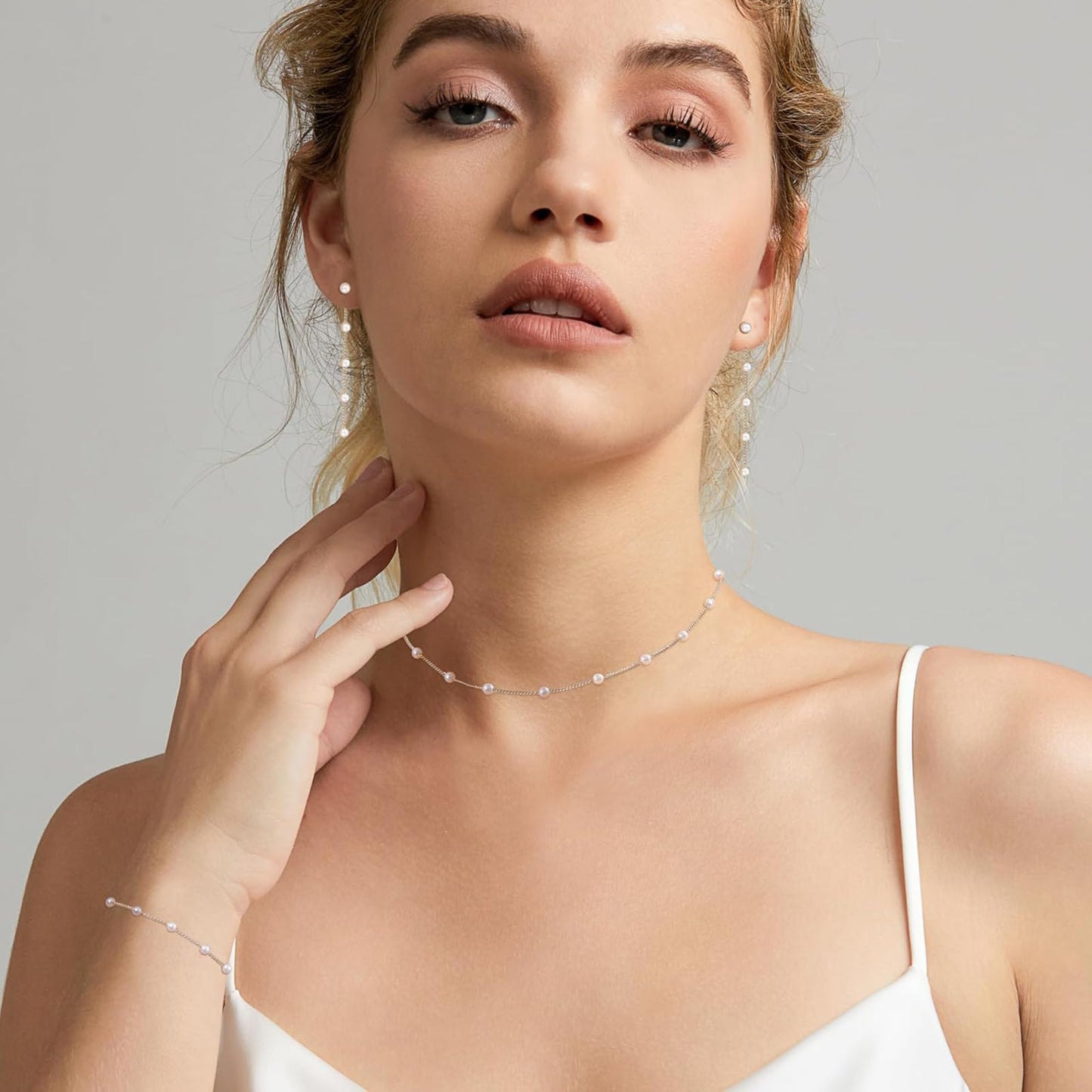 Zeffy Silver Jewelry Set for Women Dainty Pearl Necklace and Earring Set Pearls Drop Dangle Earrings Pearls Bracelets Wedding Pearl Jewelry Gift for Brides Gift 3pcs