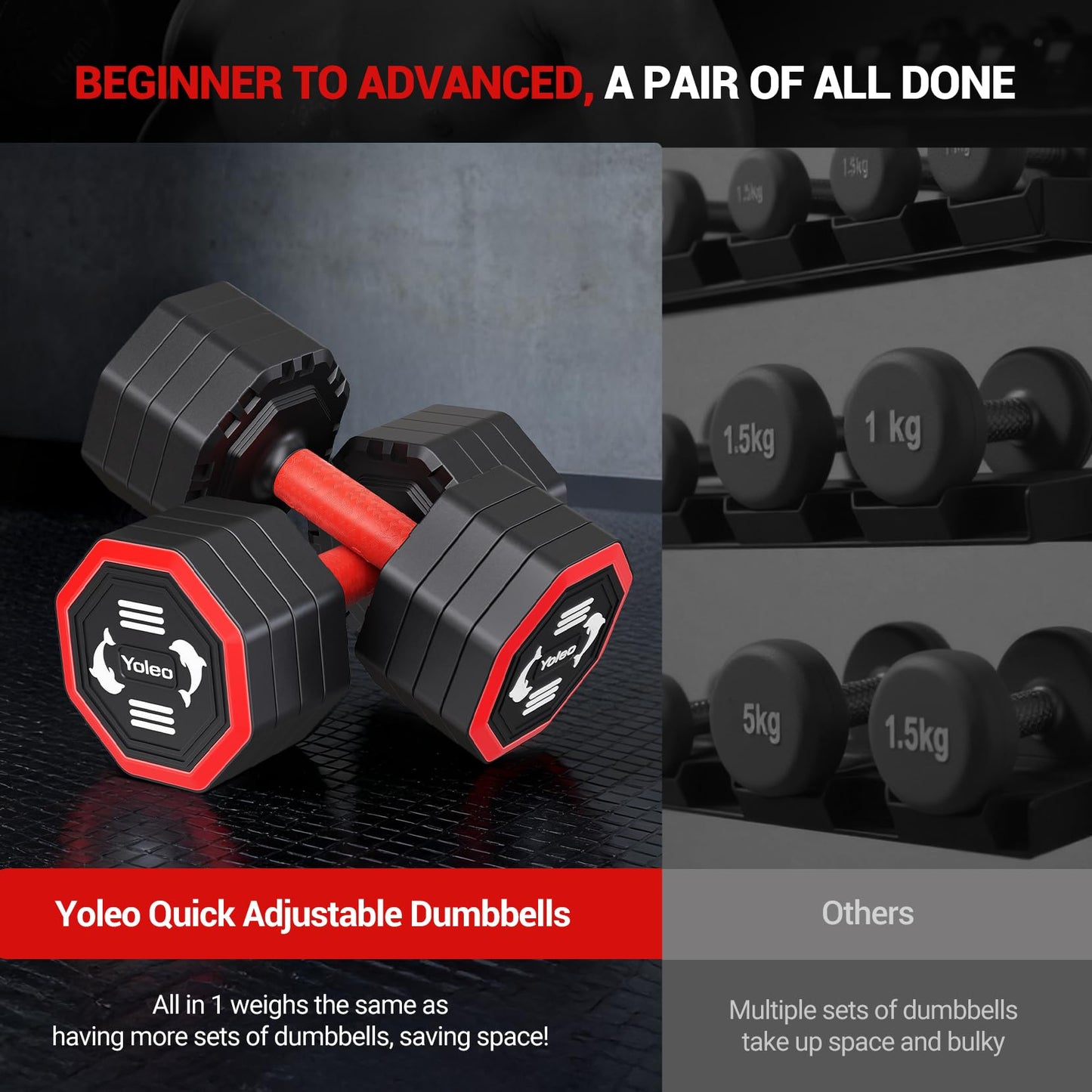 Yoleo Adjustable Dumbbell Set, Weights Dumbbells Set at Home Workout Equipment, 4 in 1 Each Premium Tai Chi-Style Rotary Mounting Adjustable 10/15/20/25 lb dumbbells, with TPU Soft Rubber Handle Suitable Men/Women Updated 2.0, 2pcs