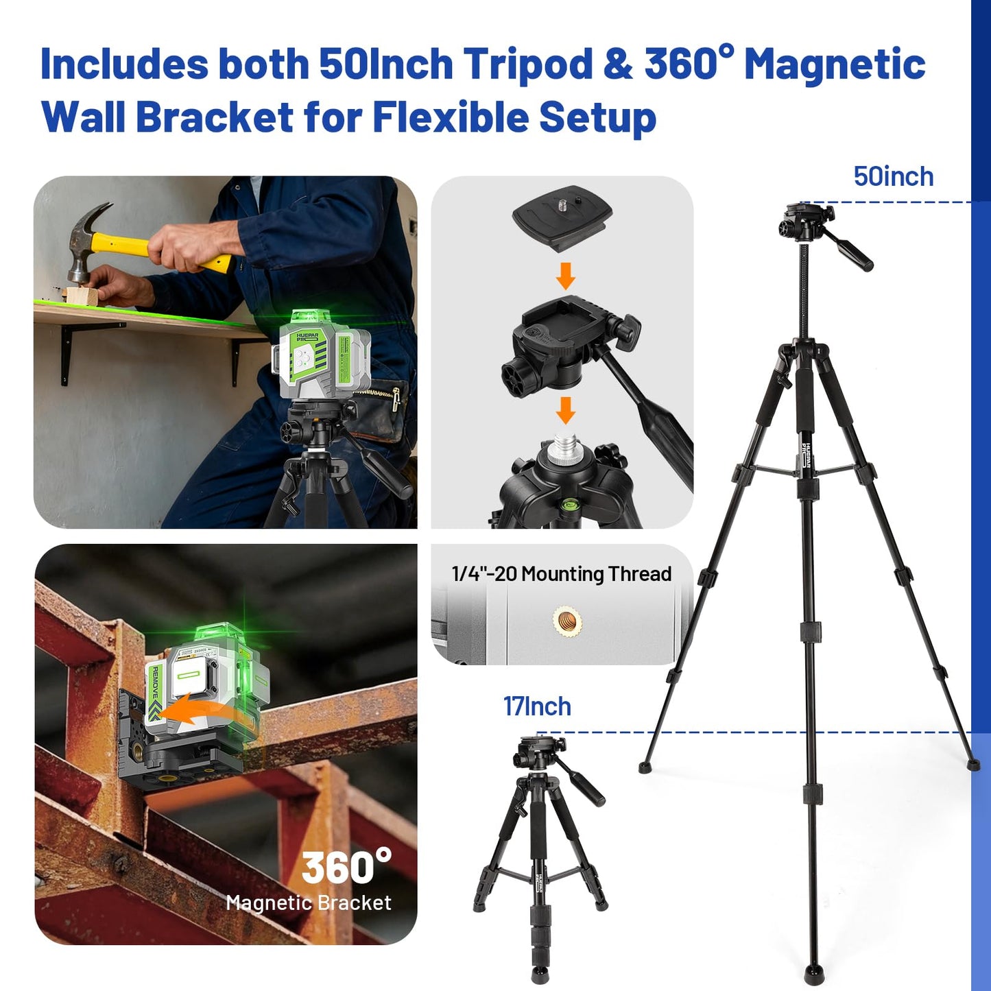 Huepar Pro Laser Level 360 Self Leveling with 50inch Tripod, 3 x 360° High Brightness Green Laser Leveler Tool for Construction, Tile and Picture Hanging, 8000mAh Li-ion Battery & Magnetic Bracket