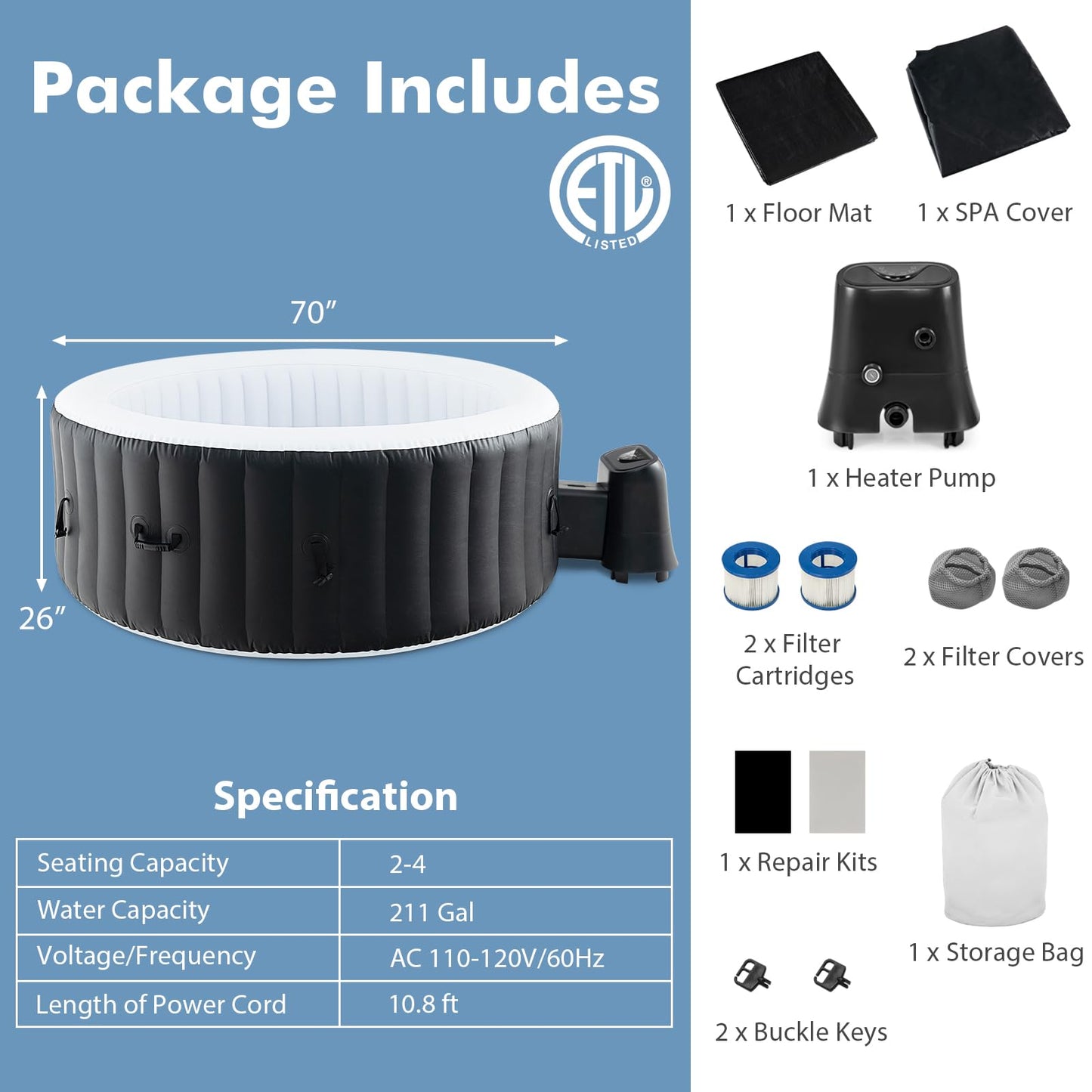 GYMAX Hot Tub, Inflatable Hot Tub with 130 Soothing Bubble Air Jets, Insulated Lockable Cover, Ground Mat & Filter Cartridges, Outdoor Blow Up Spa Tub for Backyard, Patio (Round, 2-4 Person)