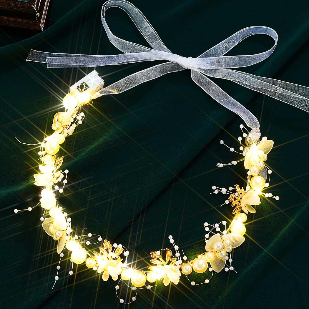 Zehope Light Up Flower Headbands LED Princess Pearl Floral Wreath Headpiece Bridal Wedding Garlands Hair Accessories for Women (White, Standard)