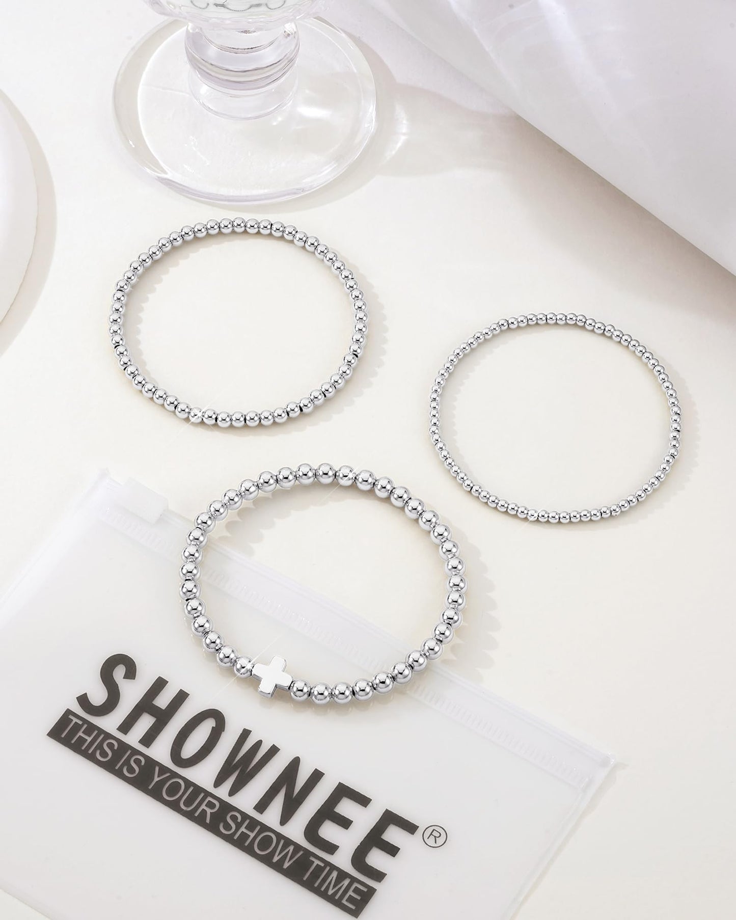 shownee Sliver Bracelets for Women - 18K Gold Beaded Bracelets Stack Strand Bead Ball Bracelet No Tarnish Stackable Jewelry Set for Mother's Day Birthday Graduation Gift 6.8 inch Small