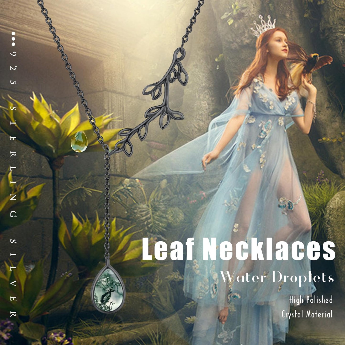 Silikepa Leaf Necklace for Women 925 Sterling Silver Black Leaf Pendant Necklace Y Chain with Moss Agate Jewelry Gifts for Women