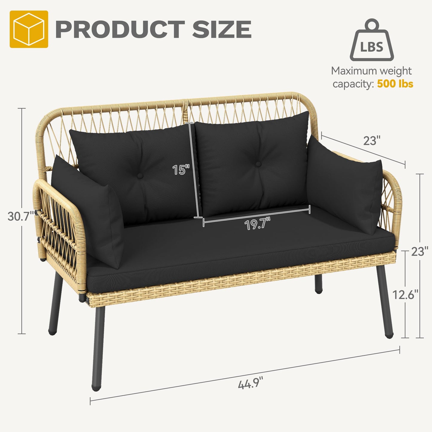 DWVO Outdoor Loveseat, Patio Wicker Furniture Set with Cushion & Adjustable Feet, Patio Couch for Garden, Balcony, and Porch, Black