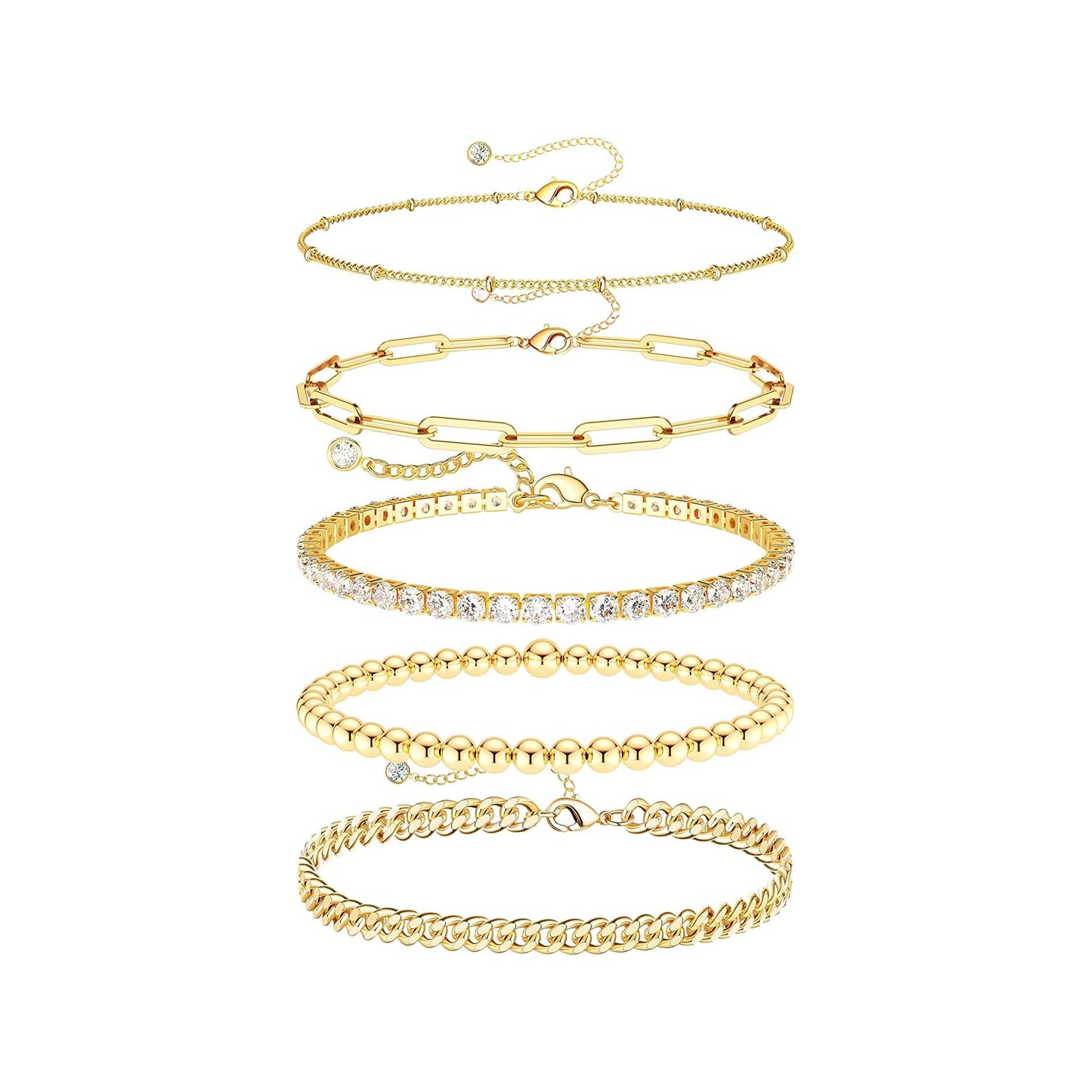 DEARMAY 14K Gold Plated Bracelets for Women Jewelry Sets for Women Cute Tennis Beaded Bracelets Cuban Link Paperclip Chain Dainty Bracelet Pack Gifts
