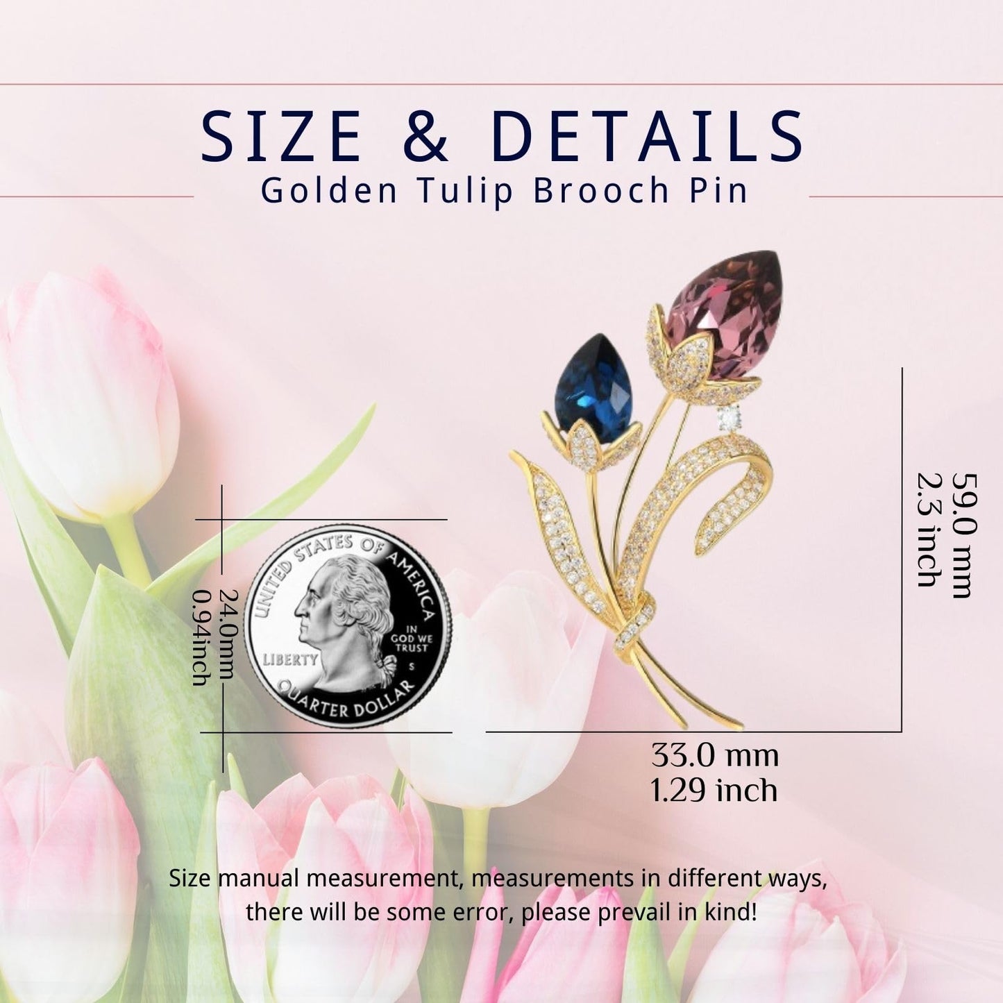 EMEGCY Tulip Brooch Pin Tulip Pin Rhinestone Brooches 18k Gold Plated Tulips Lapel Pin Crystal Flower Jewelry for Women Dress Accessories Birthday Christmas Gift