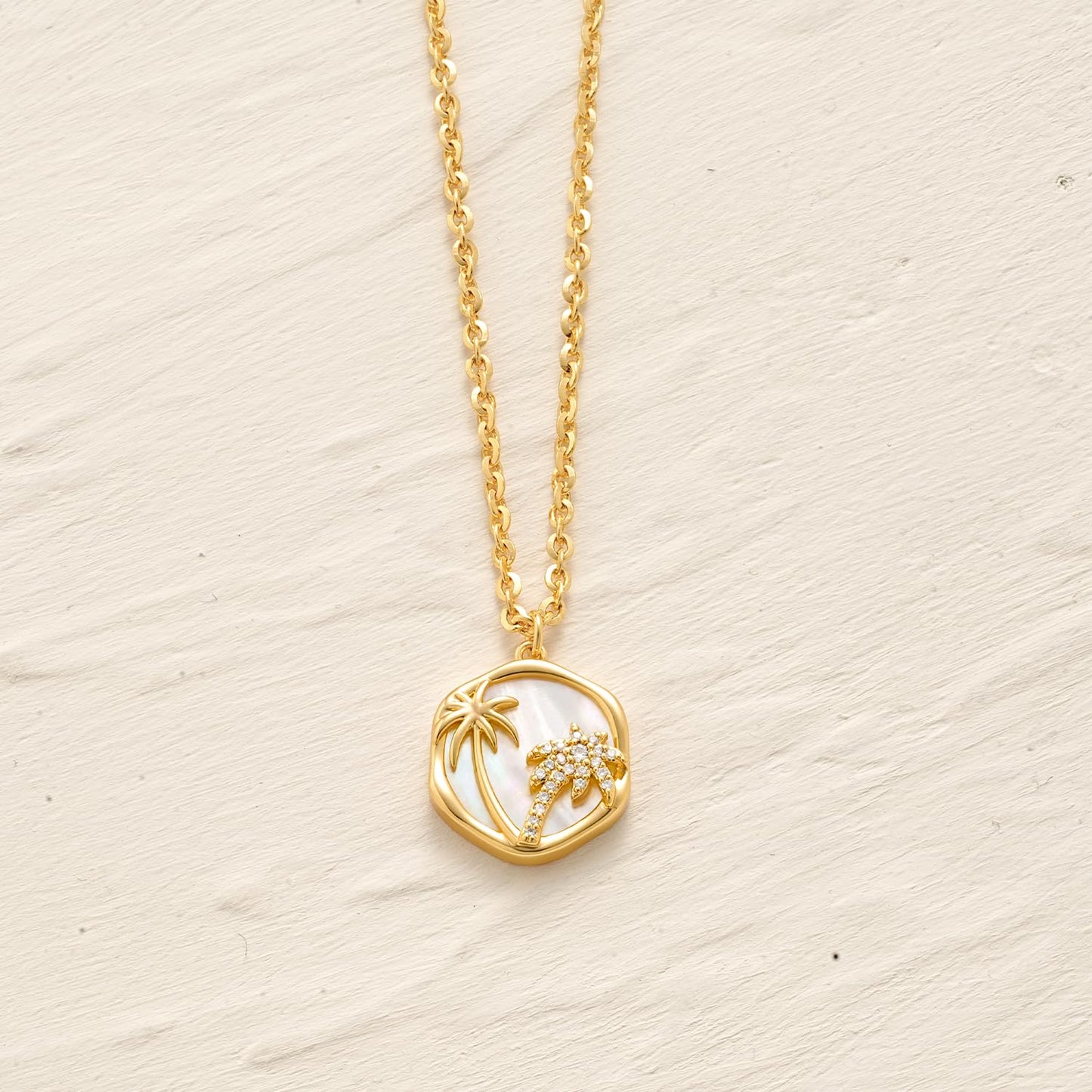 MYEARS Women Gold Necklace Coconut Tree Coin Pendant White Mother of Pearl Cubic Zirconia 14K Simple Dainty Thick Chain Everyday Summer Beach Jewelry