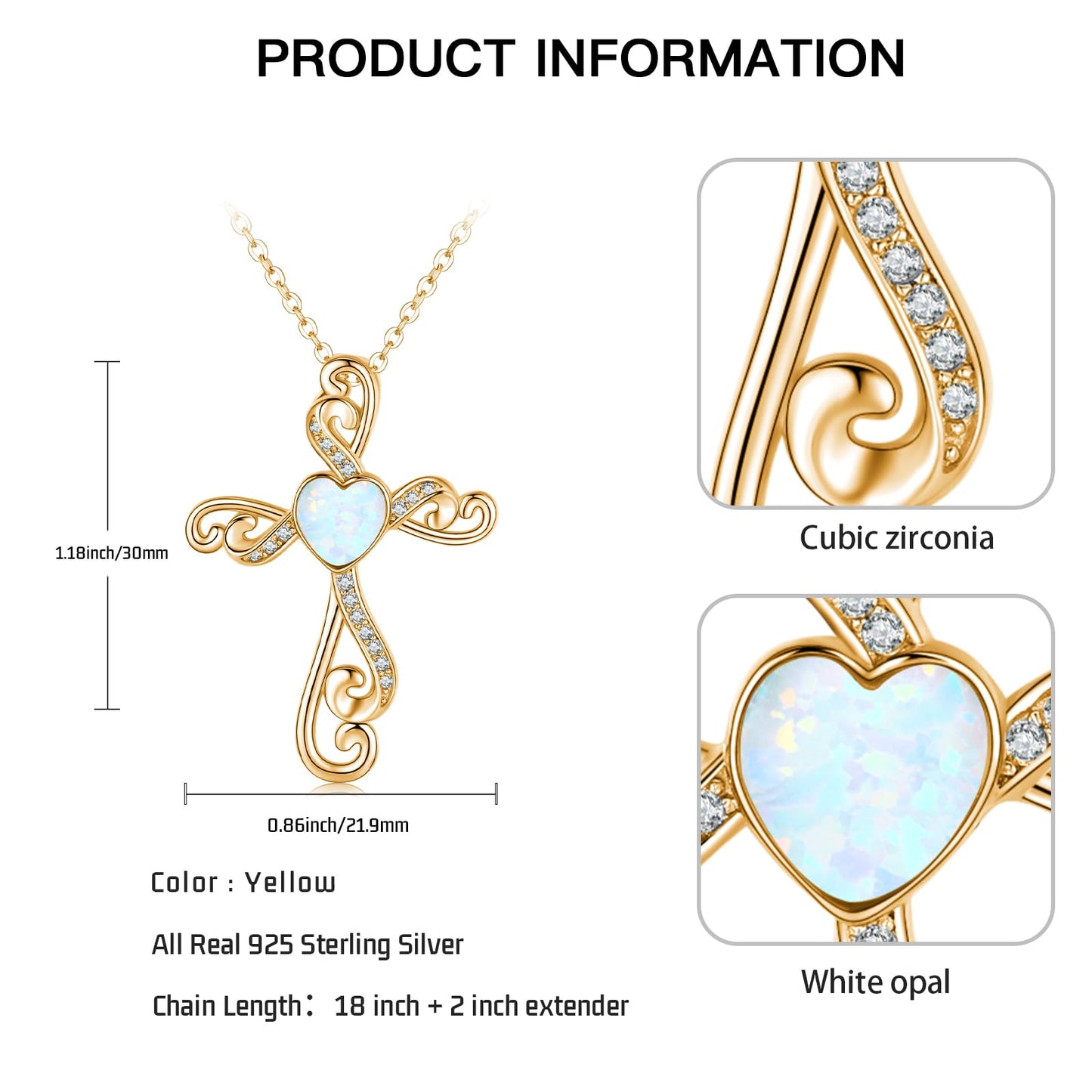 Twoowl 14K Gold Plated Cross Necklace 925 Sterling Silver White Opal Faith Pendant Religious Christian Jewelry Gifts for Mom Women