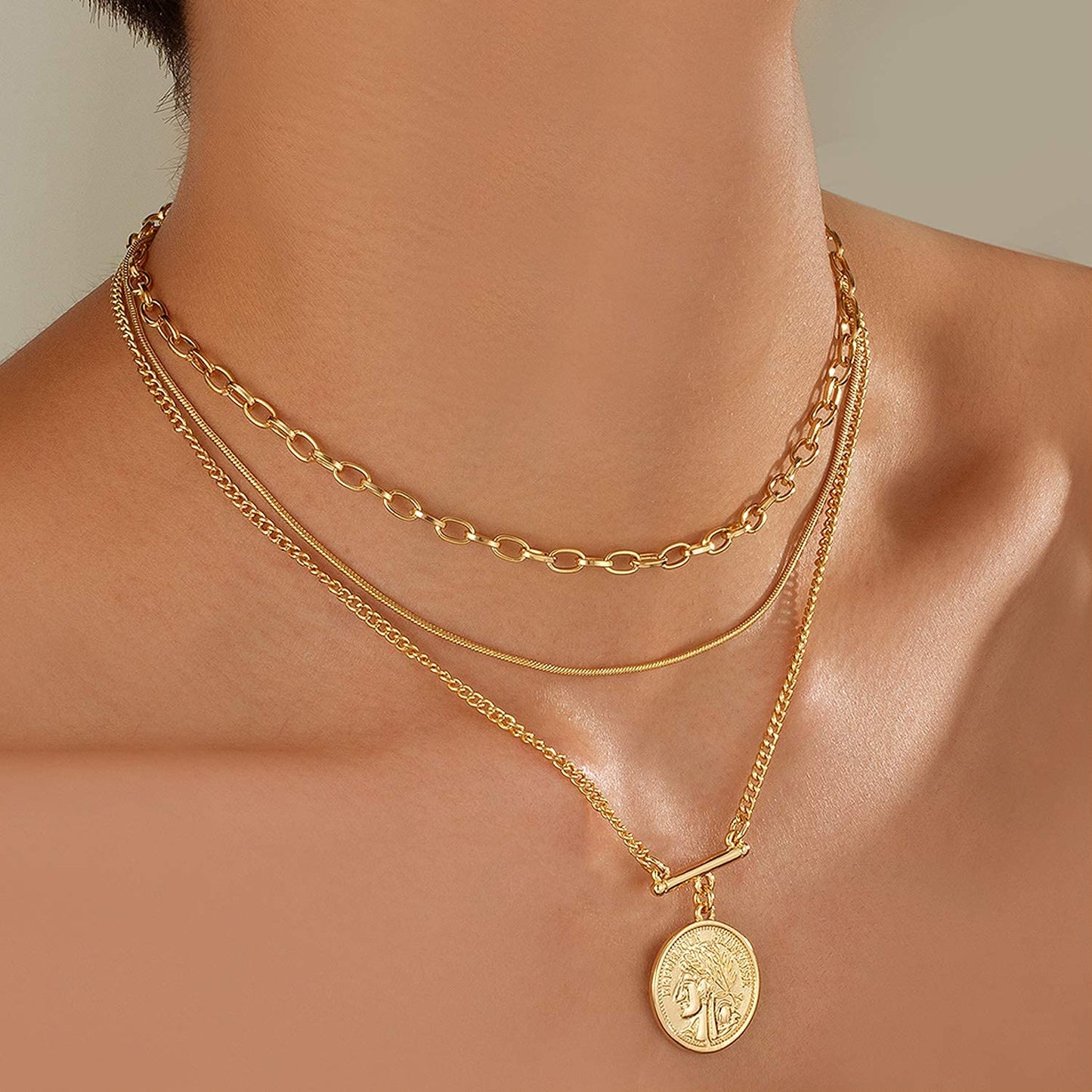 LANE WOODS 18k Gold Plated Necklaces for Women - Stackable Coin Medallion Pendant Necklace Adjustable Layered Choker Necklaces Chain Set Jewelry
