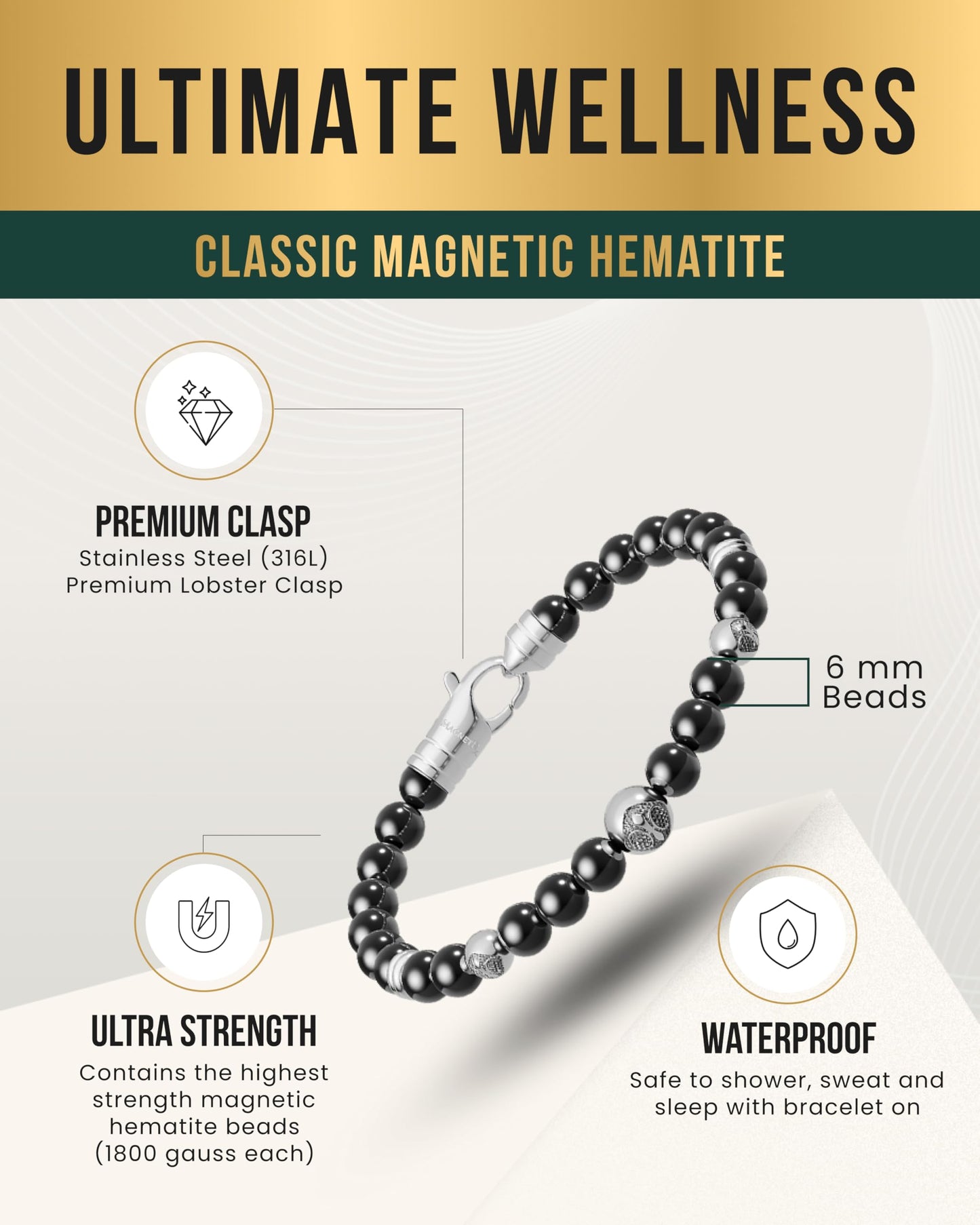 MagnetRX® Hematite Magnetic Bracelet – Max Strength Magnet Stones with Stainless Steel Charms – Elegant Hematite Beaded Bracelets for Men (Armory | Small)