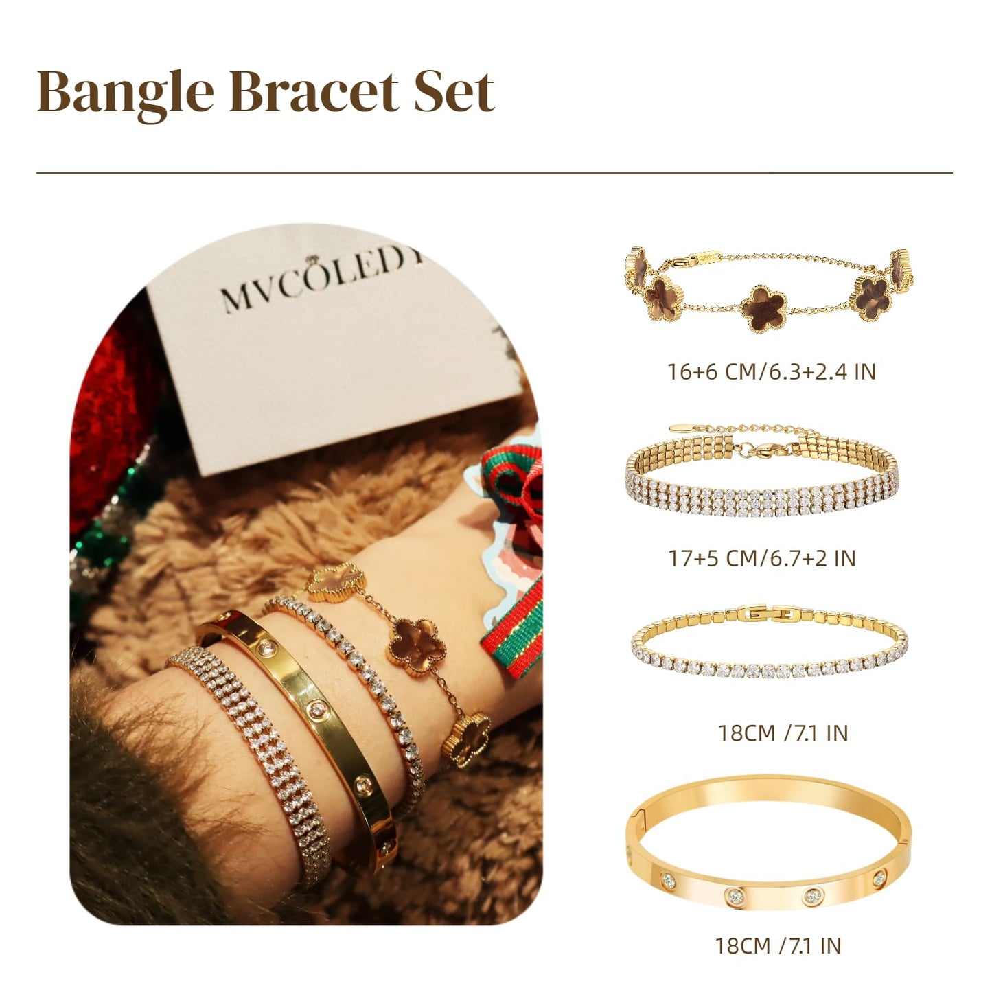MVCOLEDY 18 K Gold Plated Love Bracelet Stack for Women 4-Piece Bracelet Shell Floral Clover Chain, Tennis Chain and Crystal Gold Bangle, Love Bracelet Design Gift Jewelry for Valentines Day