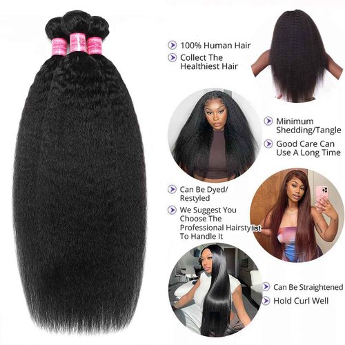 Kinky Straight Human Hair Bundles(14 16 18 Inch)100% Unprocessed Brazilian Virgin Human Hair 12A Yaki Straight 3 Bundles Hair Weft Sew In for Black Women Natural Color