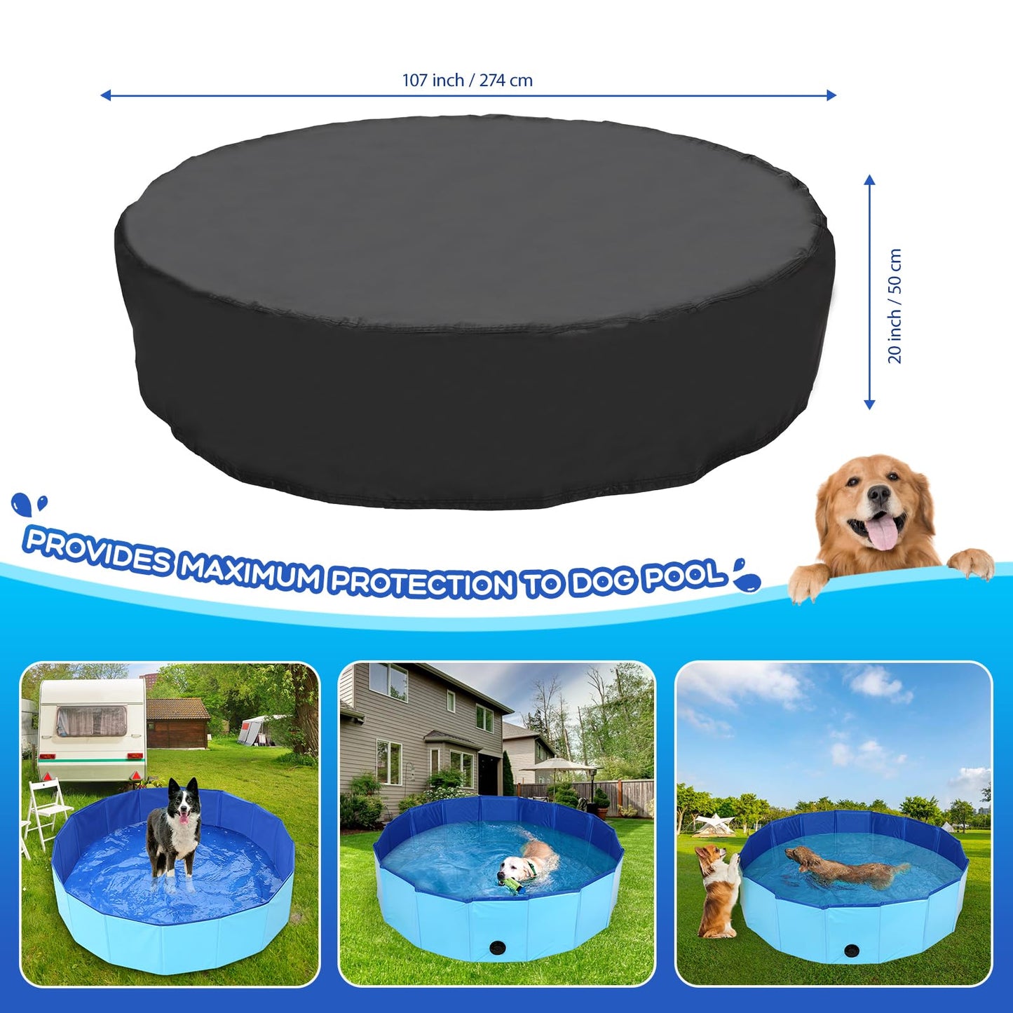 Tufmunb 107 inch Foldable Dog Pet Bath Pool Cover, Portable Round Collapsible Pool Cover with Oxford Cloth Material and Drawstring Design for Dog Pet Pool, Waterproof and Dustproof (Black)