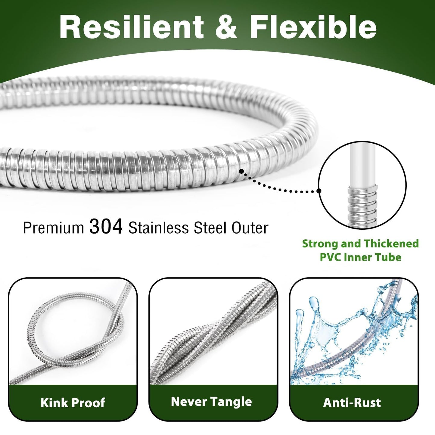 WHOBUY 100FT Metal Garden Hose 304 Stainless Steel Flexible Water Hose - No Kink & Tangle Heavy Duty Pipe with Nozzle, Durable 3/4 Brass Fittings and Valve - Rust Proof Puncture Proof for Yard Lawn
