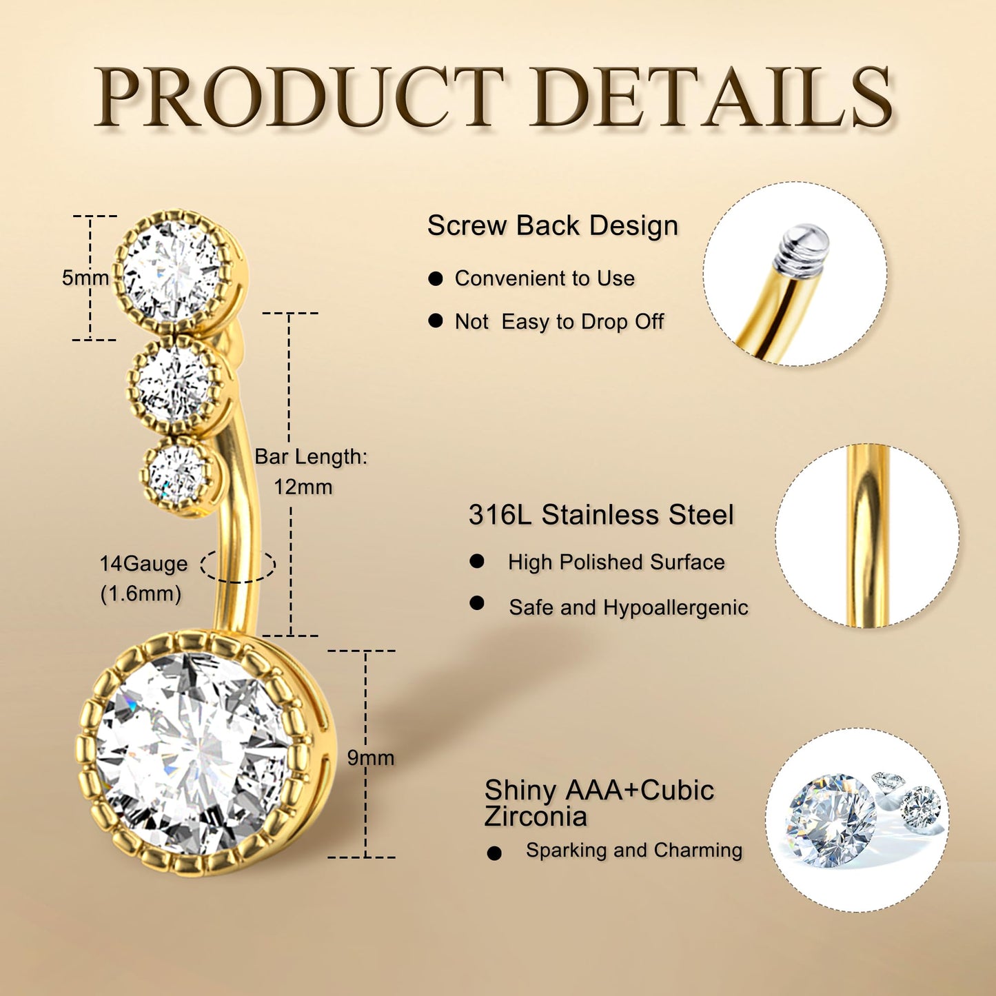 FIASASO 9 Pcs Gold Plated Belly Button Ring Surgical Stainless Steel Belly Rings CZ Opal Pearl Belly Button Ring Clicker Belly Piercings for Women Navel Piercings Pack Gold Plated