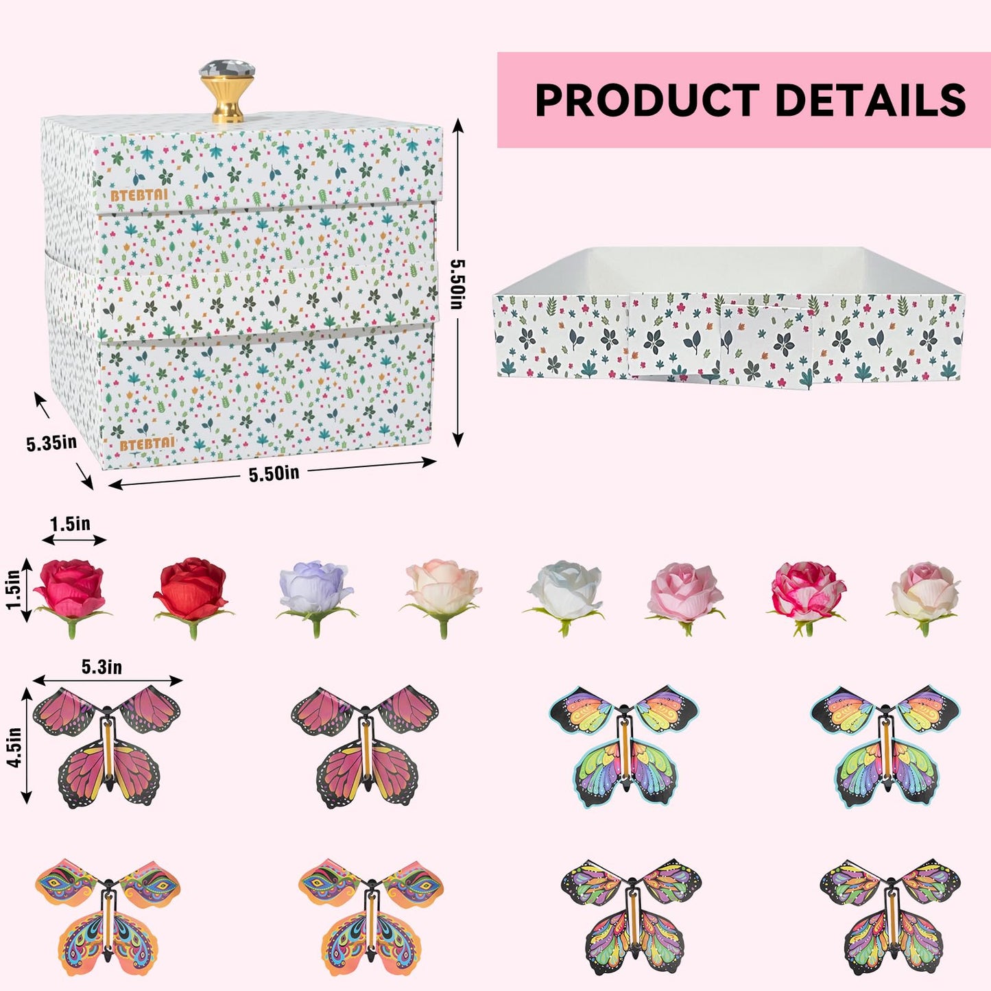 ELDGREON Explosion Gift Box, Flying Butterfly Surprise Gifts Box, DIY White Gift Included Butterfly Kit and Faux Rose Head for Birthday, Weddings, Mother's Day, Anniversaries