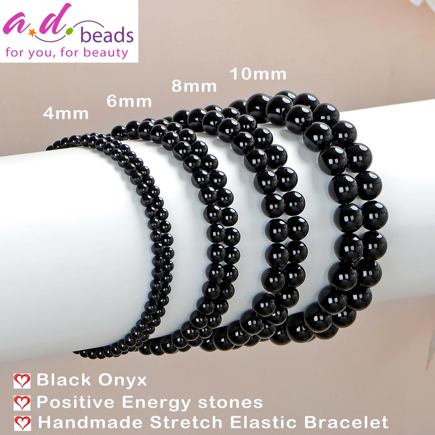 AD Beads Handmade Gemstone Stretch Elastic Bracelet Crystal Healing Reiki Nature's Beauty and Spiritual Essence Unisex (4mm, Black Onyx)