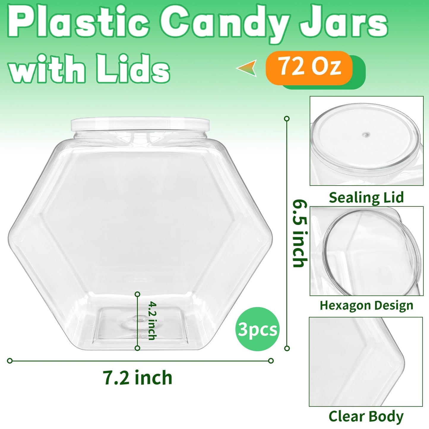 Blvochnnt 3 Pack Hexagon Plastic Candy Jars,72oz Clear Cookie Jar with Lid for Dry Food,Snacks,Candies,Cookies,Dog Treats,Laundry Pods,Coffee Pods,Craft Supplies