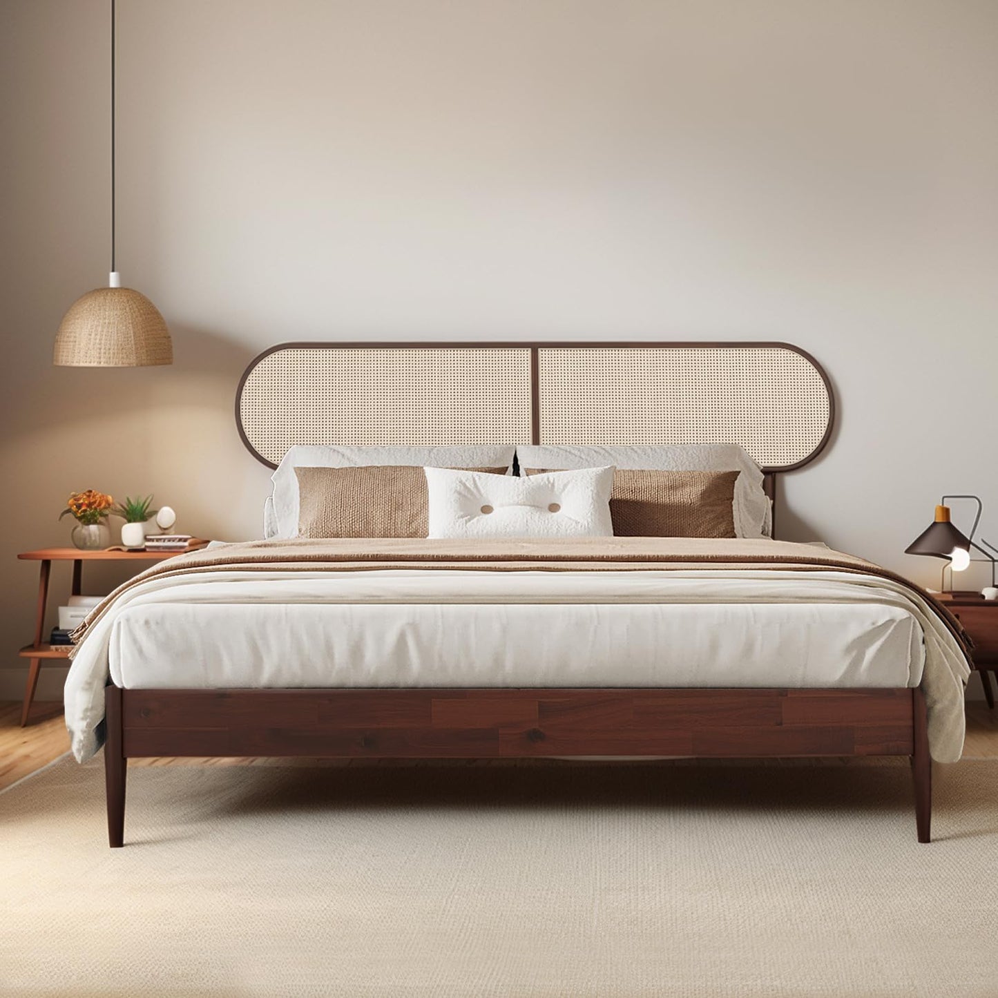 CBHME Queen Bed Frame with Rattan Headboard, Solid Wood Foundation with 12-Slat Wood Support, Bohemian and Mid Century Style, No Box Spring Needed, Dark Walnut