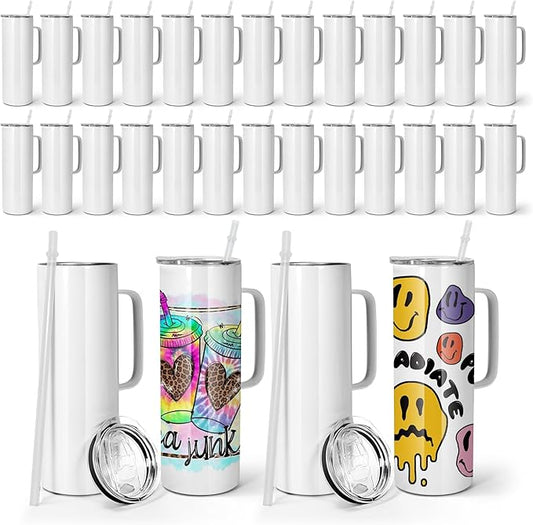 AGH 20OZ Sublimation Straight Skinny Tumbler with Handle, 30Pack Stainless Steel Tumblers with Lids and Straws,Blank Coffee Mug with Handle, Blank Insulated Travel Mugs for Coffee,Juice