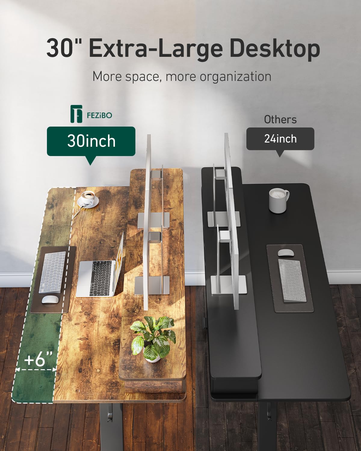 FEZIBO 48 x 24 inch Standing Desk with Drawers, Height Adjustable Electric Workstation, Computer Sit Stand Up Table with Large Storage Shelf 4 Drawers and 2 Hooks, Rustic Brown