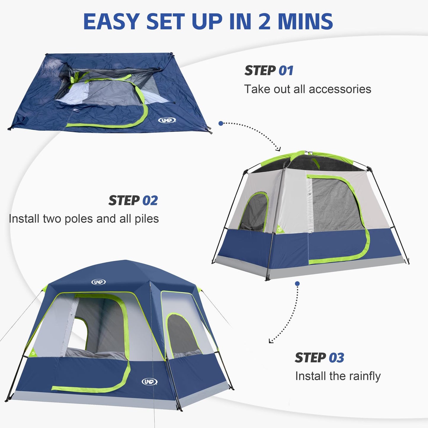 UNP 4-Person Tent, Portable Cabin Tent, Camping Tent 4-Person Easy Set Up, Waterproof with Top Rainfly for Outdoor Camping/Hiking (Dark Blue)