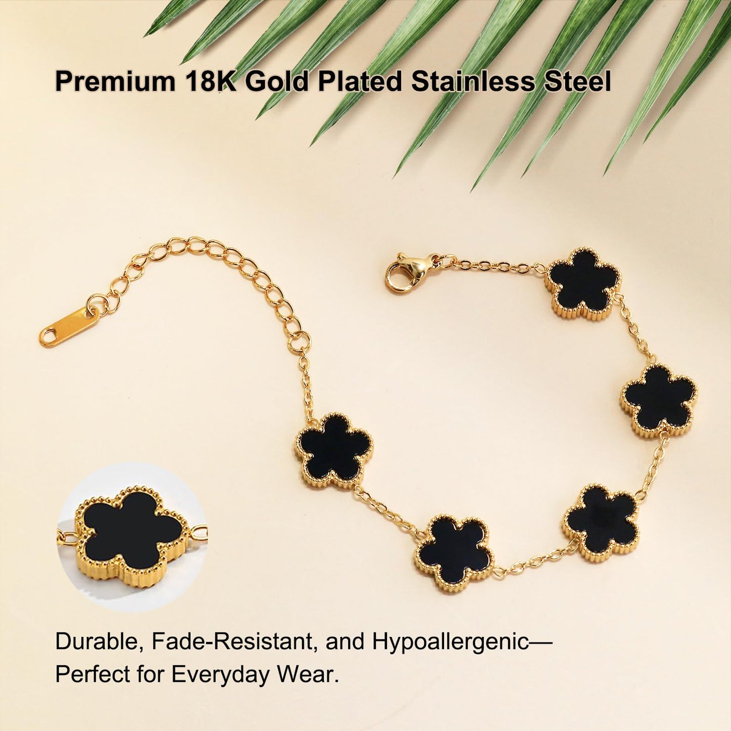 Eclatienne Four Leaf Clover Bracelet for Women – 18K Gold Plated Stainless Steel Lucky Bracelet, Adjustable 4 Leaf Charm Jewelry Gift (Black)