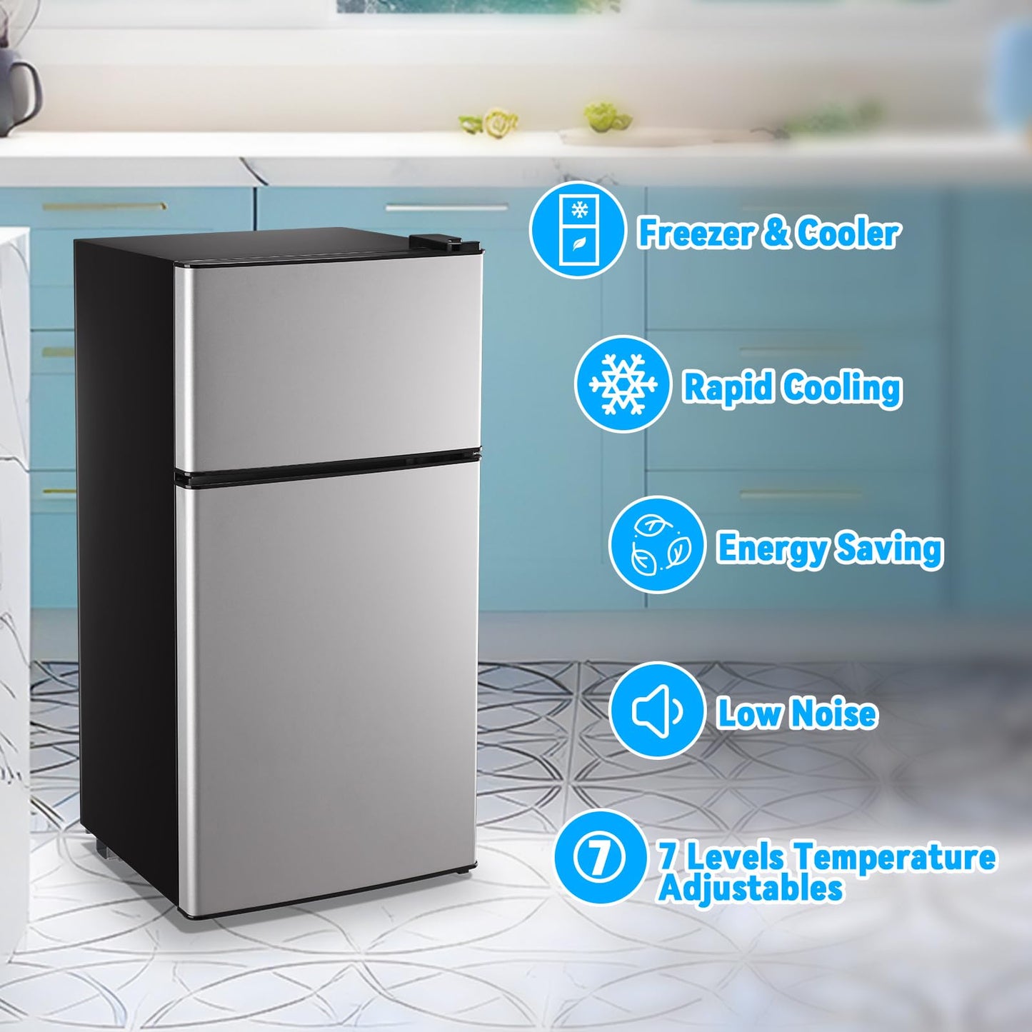 TACOOL Mini Fridge with Freezer 2.4 Cu.ft Mini Refrigerator Double Doors Dorm Fridge Compact 7 Modes Temp Suit for Apartment Bedroom Office Silver