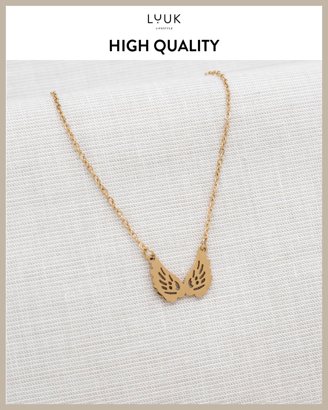 LUUK LIFESTYLE Sympathy Gift Angel Wings gold plated pendant necklace, HAPINESS Card, 19in adjustable chain, waterproof, tarnish-free, sturdy dainty simple sleek minimalist, condolences bereavement