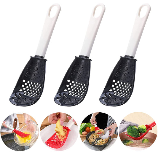 6in1 Multifunctional Kitchen Cooking Spoon- Kitchen Gadgets Strainers for egg yolk Separator- Grater Masher- Colander Skimmer Scoop- for Mashing, Grating, Draining, Heat Resistant (3Pcs black)