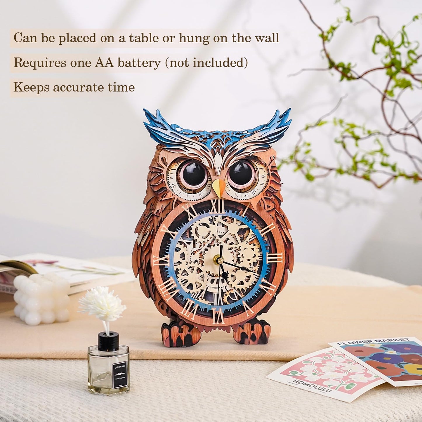 Kosmickiss 3D Wooden Puzzles for Adults, Owl Wooden Clock, DIY Model Building Kits for Adults, Owl Gifts for Women, Creative Decor for Home